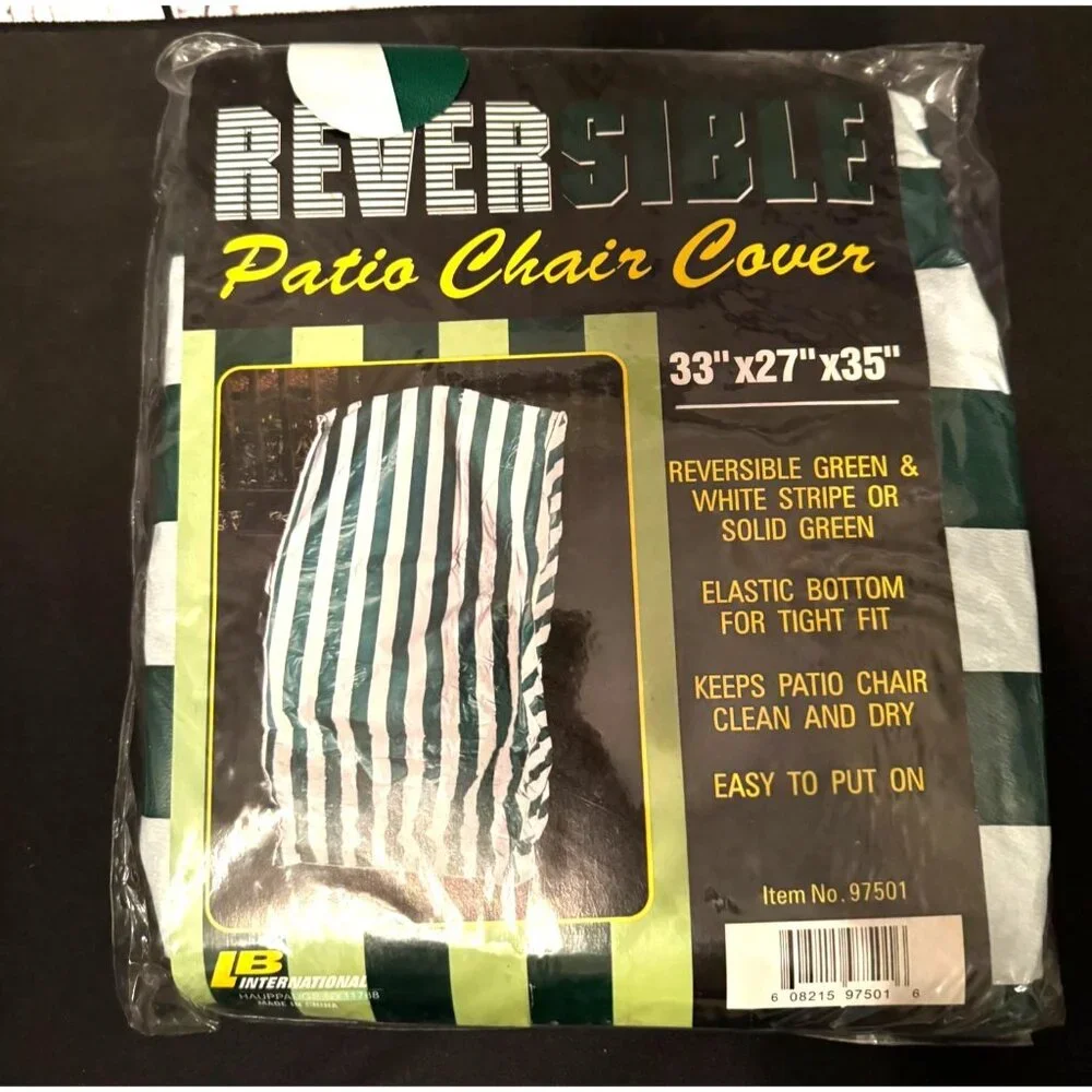 LB International Reversible Vinyl Patio Chair Cover White Green Striped 33